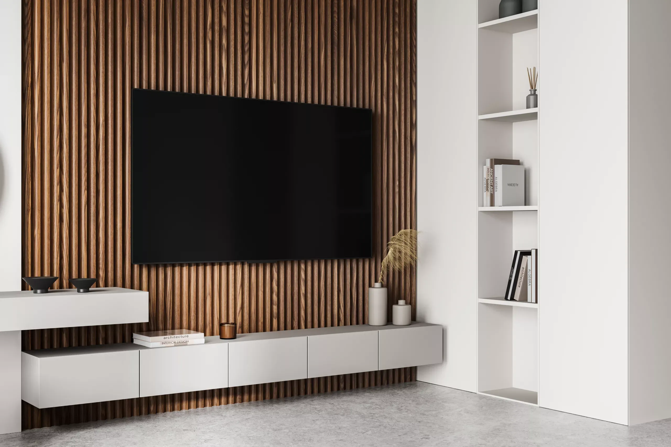 Moderne TV-Wand mit Holzpaneelen und Regalen