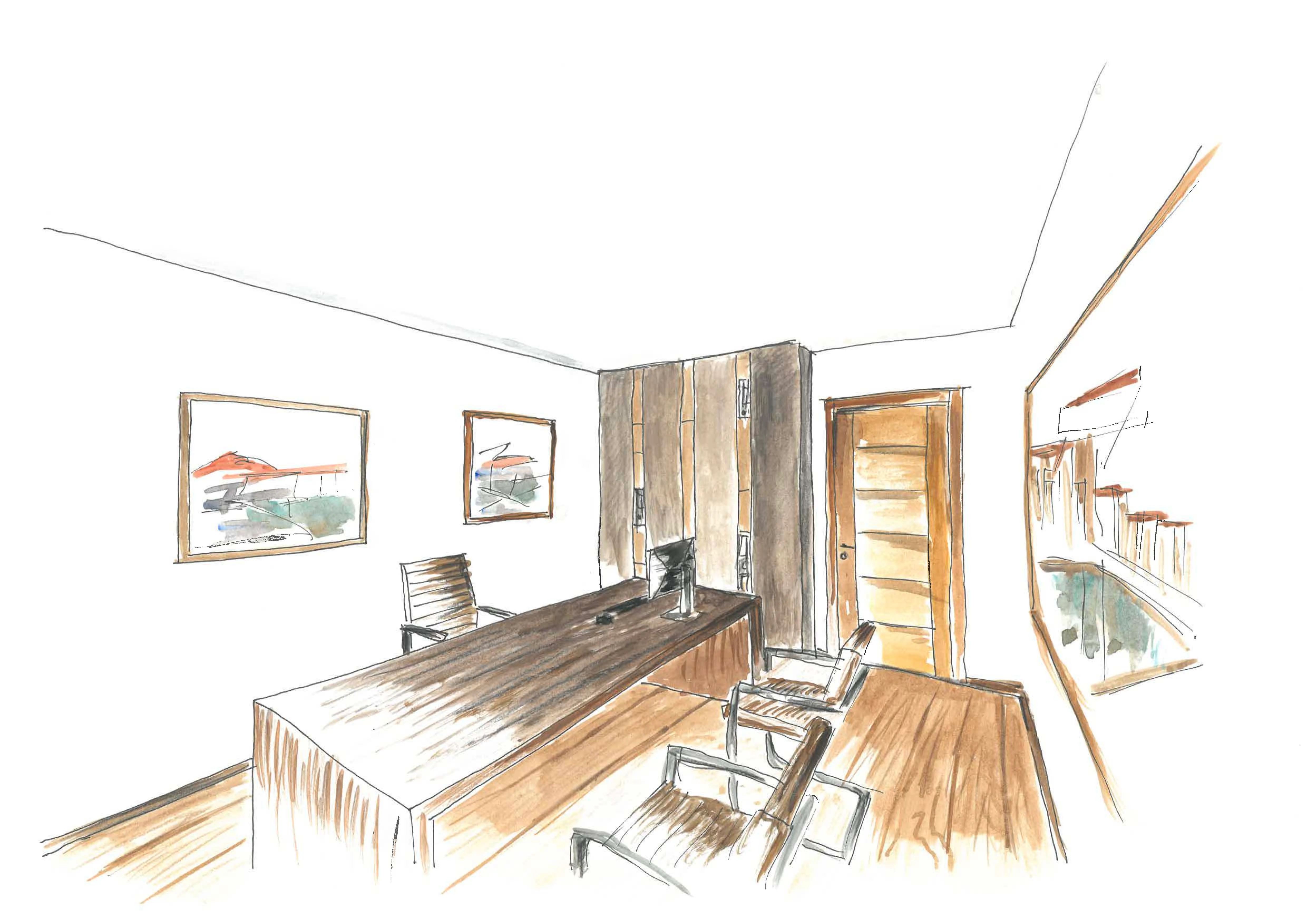 Aquarell-Skizze eines modernen Esszimmers mit Schiebetür
