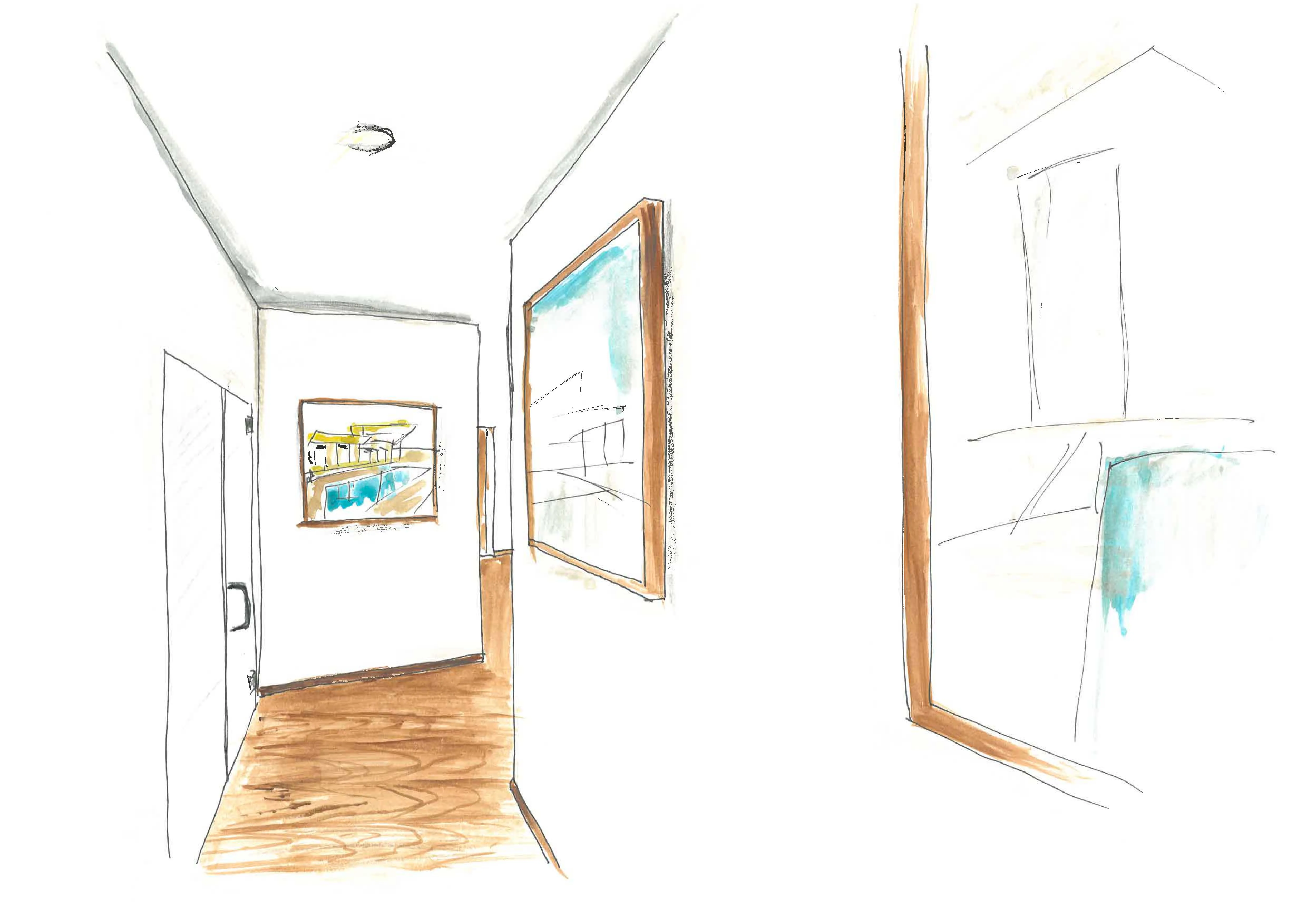 Aquarell-Skizze eines Flurs mit Bildern an der Wand
