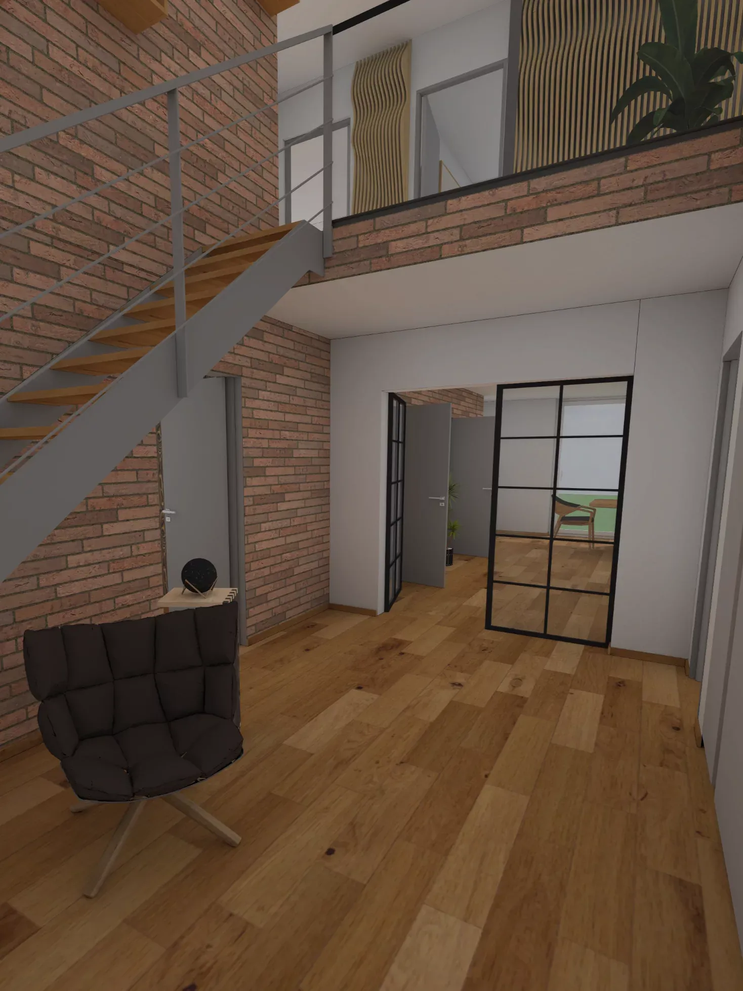 VR-Rendering Sitzecke mit Holzpaneelen