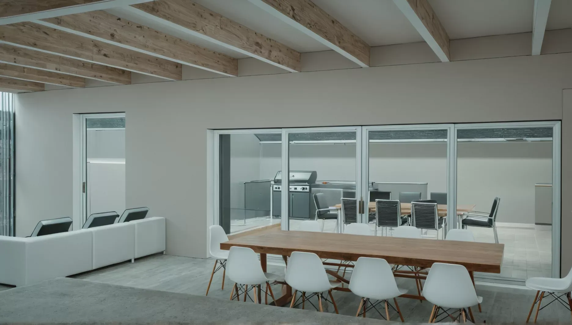VR-Rendering moderner Innenraum mit Holzpaneelen